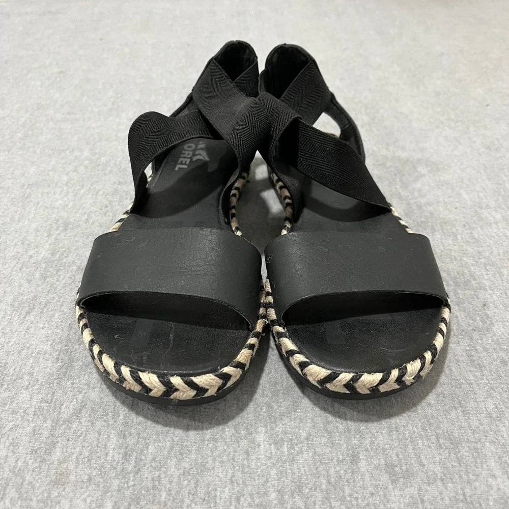 Sorel Ella II Sandal Womens 6‎ Black Leather Elastic Strap Espadrille NL4045-010